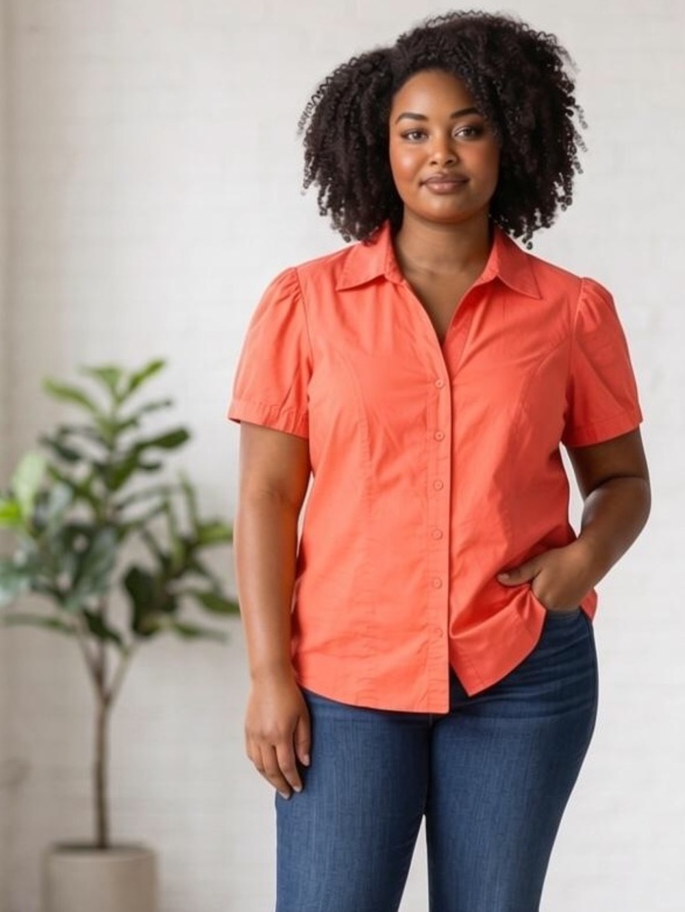 Lane Bryant Coral Short-Sleeve Button-Down Ruched Front Shirt Size-23 GUC